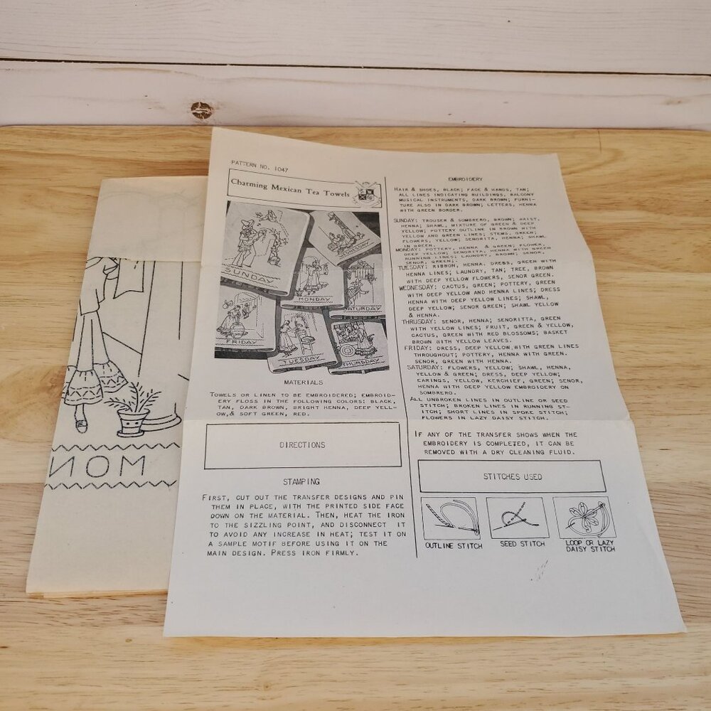 VTG 1960s Iron On Transfers Embroidery Pattern 1047 Charming Mexican Tea Towel